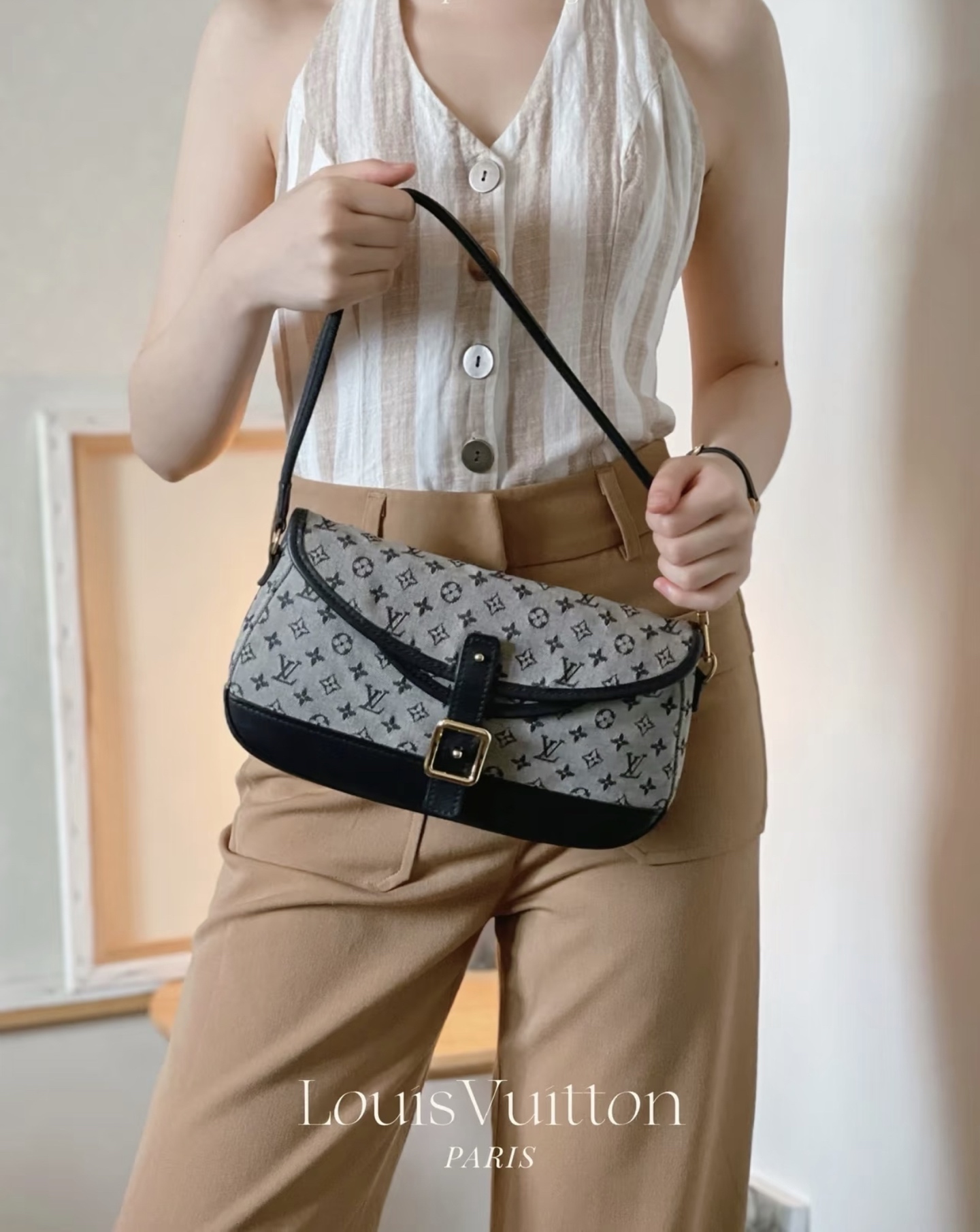 LV高仿復古老花馬鞍包 灰藍色緹花翻蓋單肩斜背女包