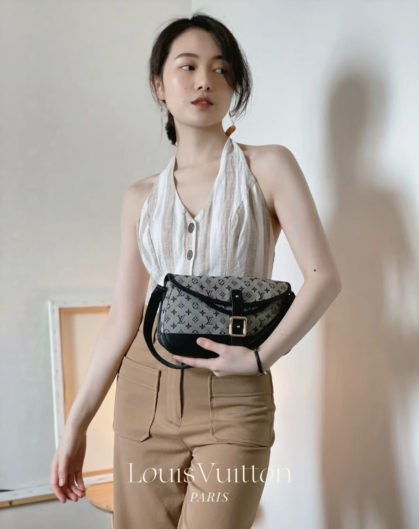LV高仿復古老花馬鞍包 灰藍色緹花翻蓋單肩斜背女包