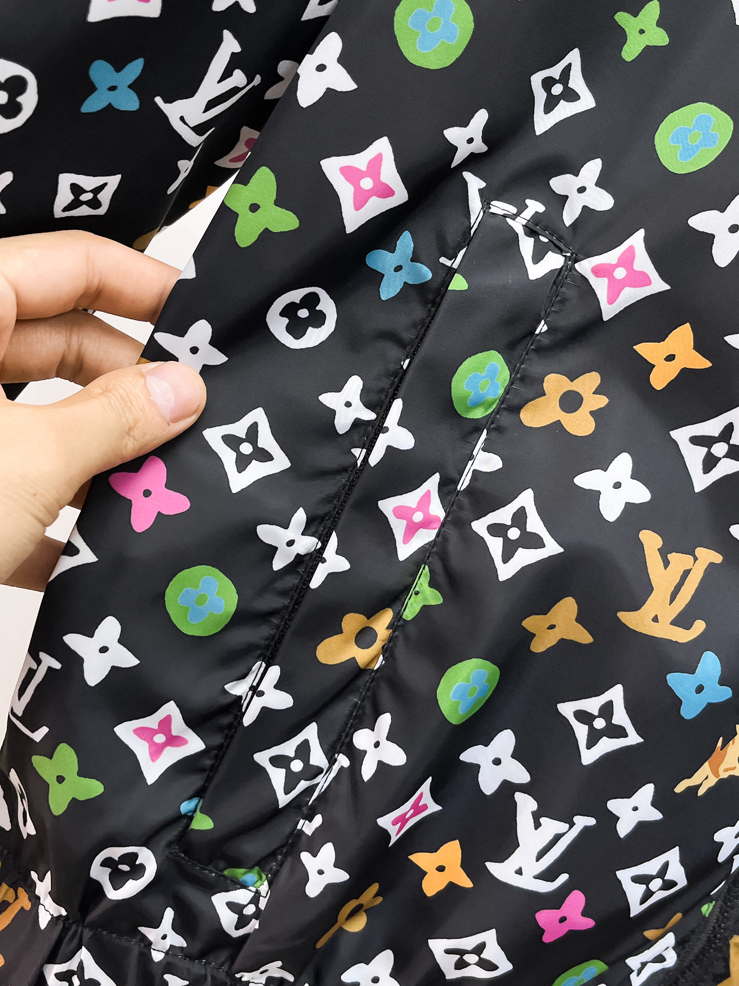 高仿LV男士外套 黑色彩色Monogram滿版連帽防風夾克
