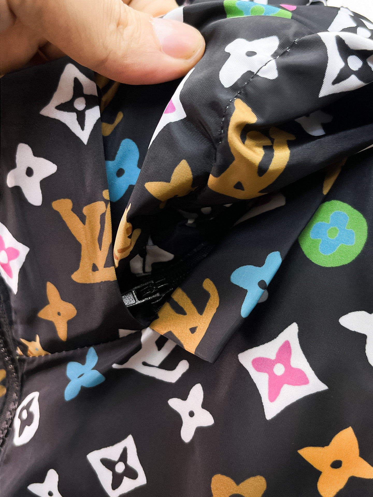高仿LV男士外套 黑色彩色Monogram滿版連帽防風夾克