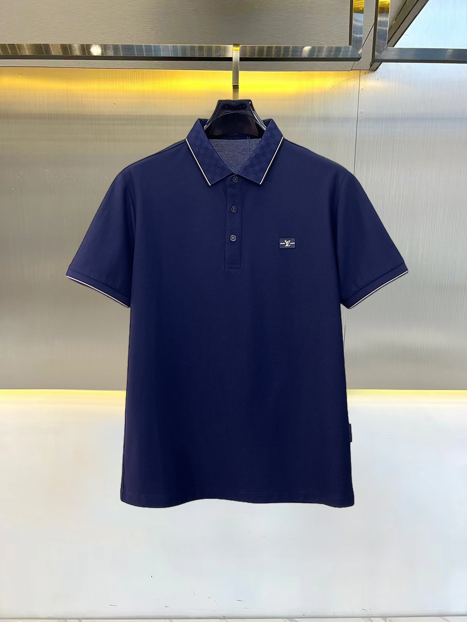 原單LV男士短袖Polo衫 深藍色Damier翻領Logo休閒上衣