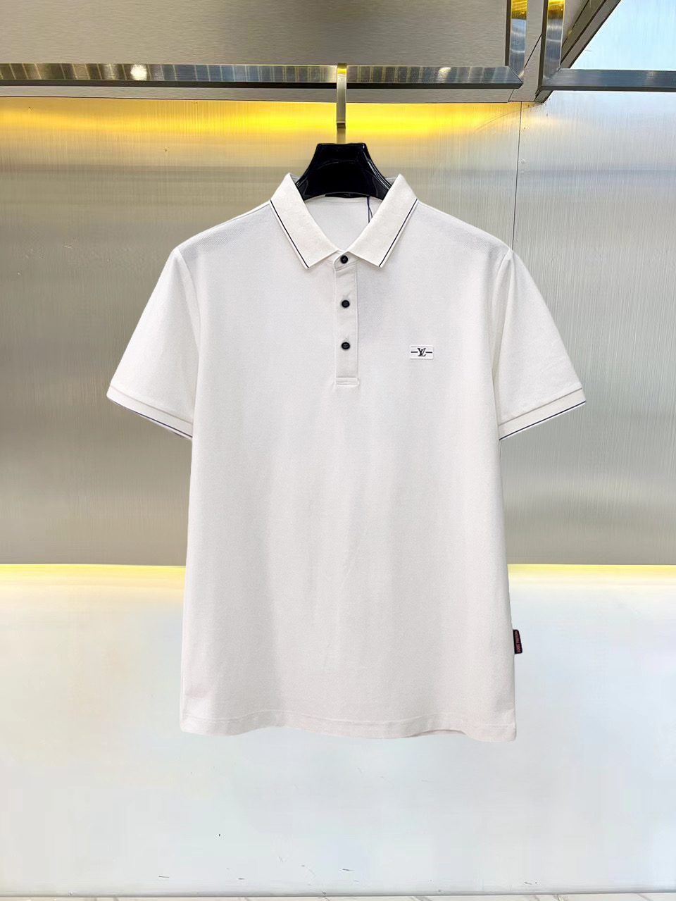 原單LV男士短袖Polo衫 深藍色Damier翻領Logo休閒上衣