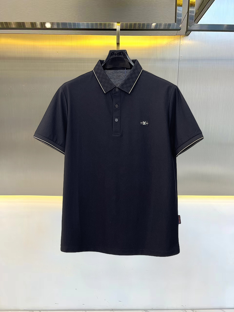 原單LV男士短袖Polo衫 深藍色Damier翻領Logo休閒上衣