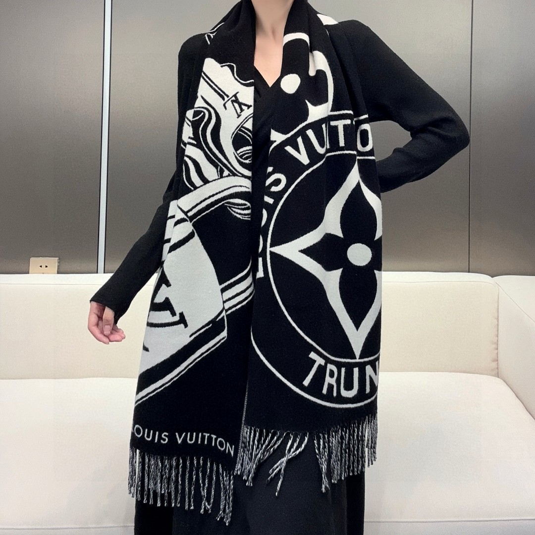 LV原單黑白大Logo圍巾男女同款流蘇披肩