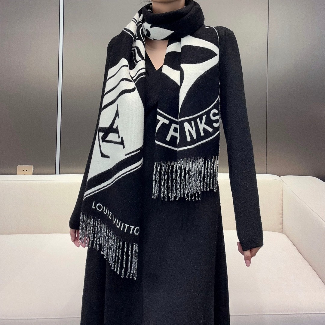 LV原單黑白大Logo圍巾男女同款流蘇披肩