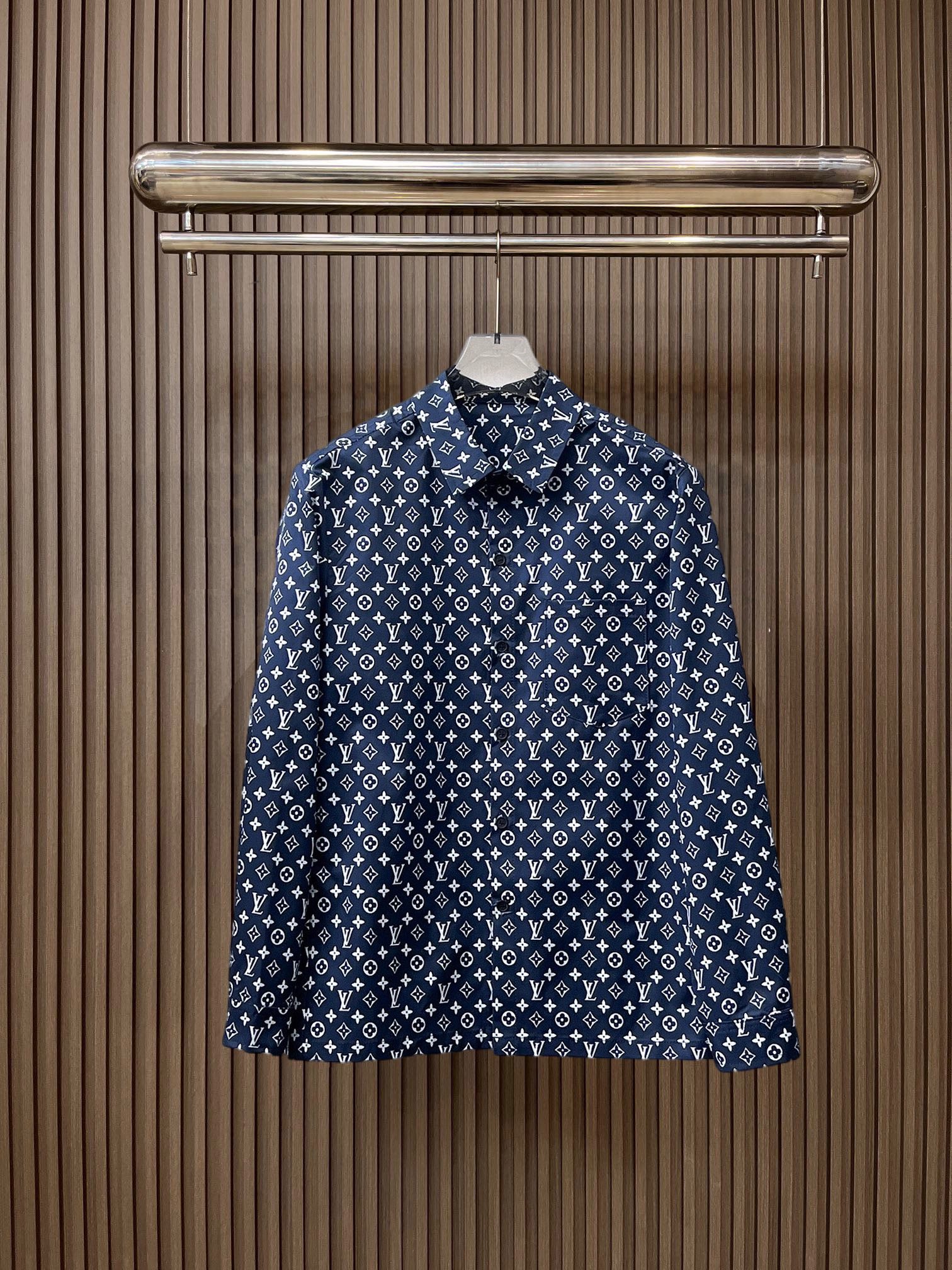LV高仿深藍Monogram滿印長袖襯衫 男士時尚印花襯衣| 3 LV高仿深藍Monogram滿印長袖襯衫 男士時尚印花襯衣