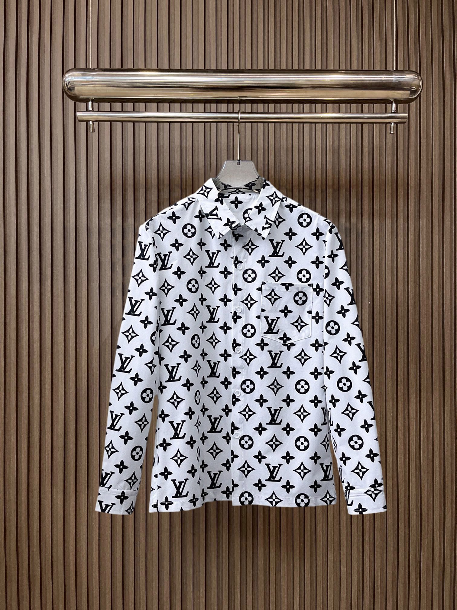 LV A貨白底黑Monogram印花長袖襯衫 男士時尚襯衣