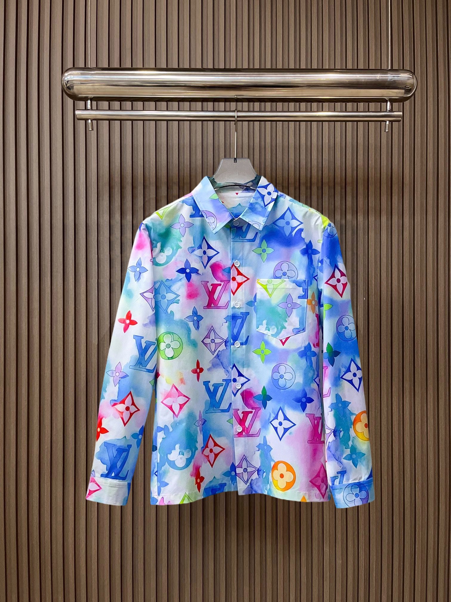 LV原單彩色水彩Monogram印花長袖襯衫 男士時尚襯衣
