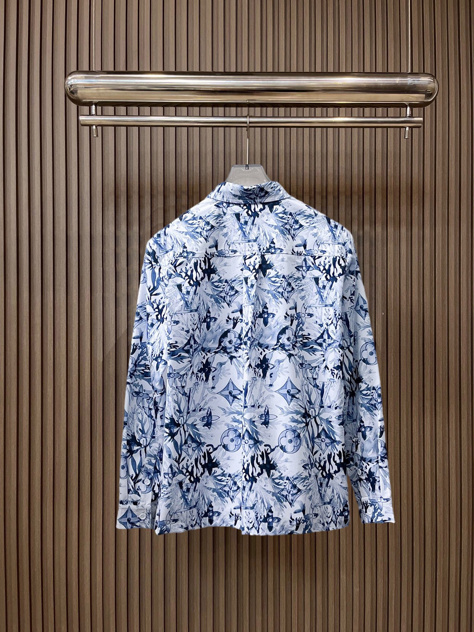 LV高仿藍白植物印花長袖襯衫 男士休閒時尚襯衣| 14 LV高仿藍白植物印花長袖襯衫 男士休閒時尚襯衣