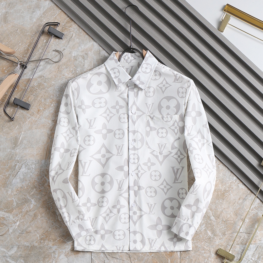 高仿LV男士襯衫 白灰色Oversize Monogram長袖襯衣