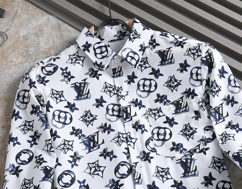 原單LV男士襯衫 白色深藍Monogram印花長袖襯衣| 12 原單LV男士襯衫 白色深藍Monogram印花長袖襯衣