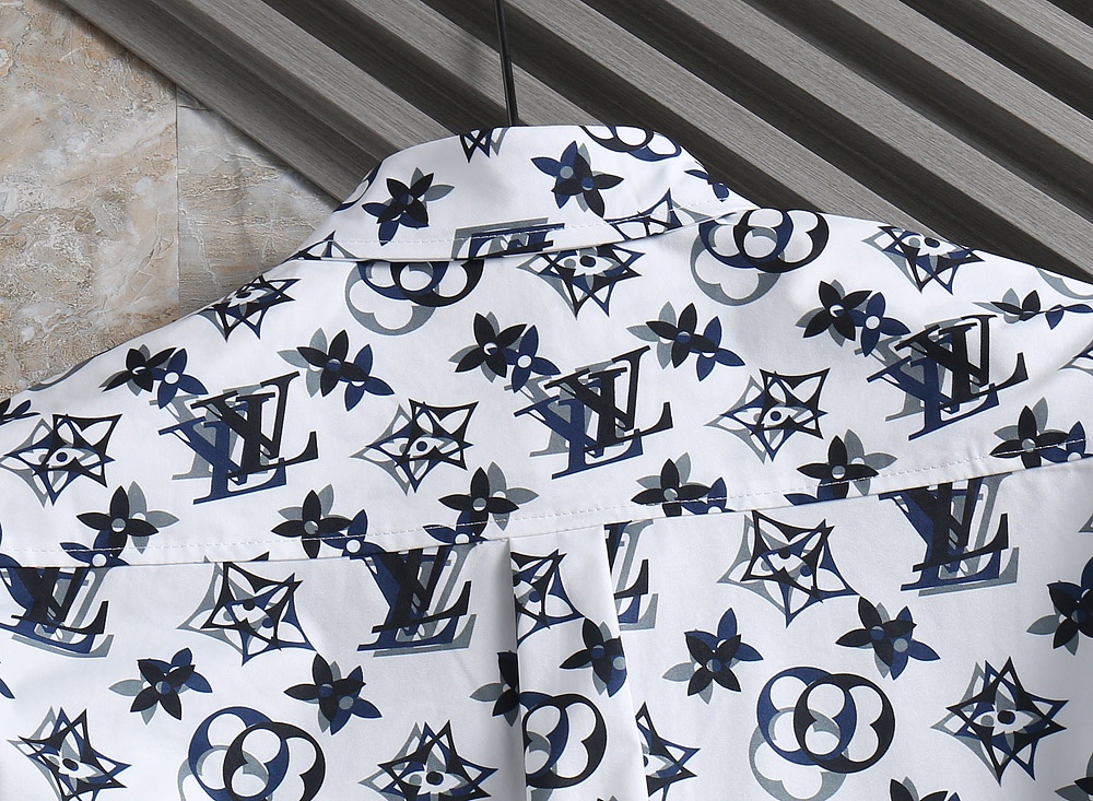 原單LV男士襯衫 白色深藍Monogram印花長袖襯衣| 11 原單LV男士襯衫 白色深藍Monogram印花長袖襯衣