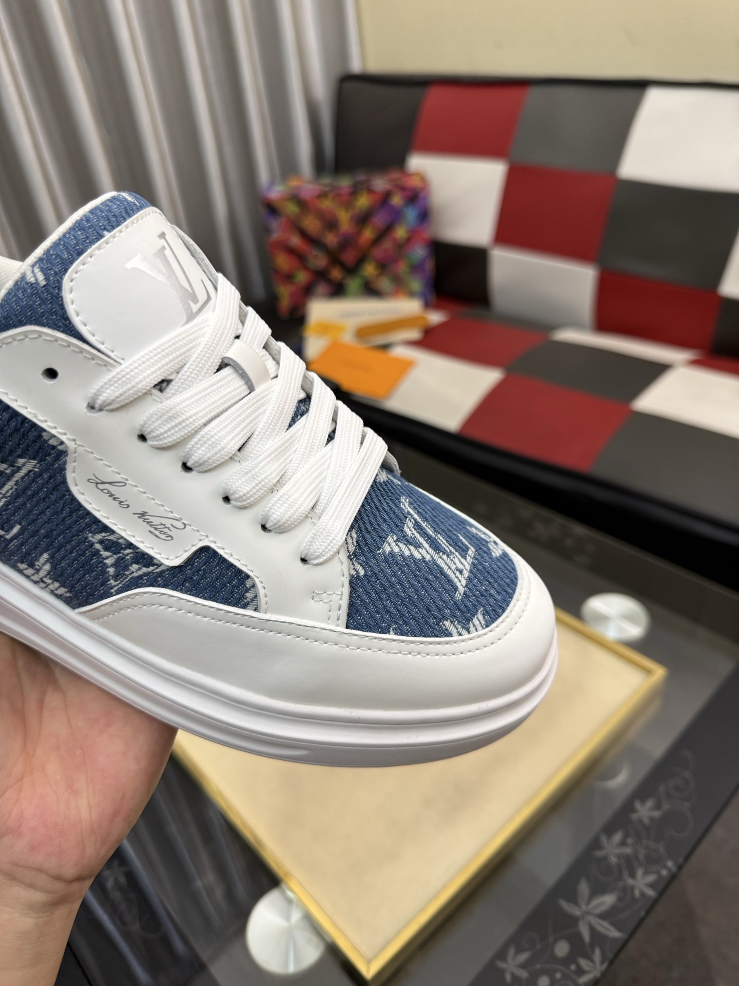 LV 高仿男鞋 藍色丹寧 Monogram 白色拼接厚底休閒鞋