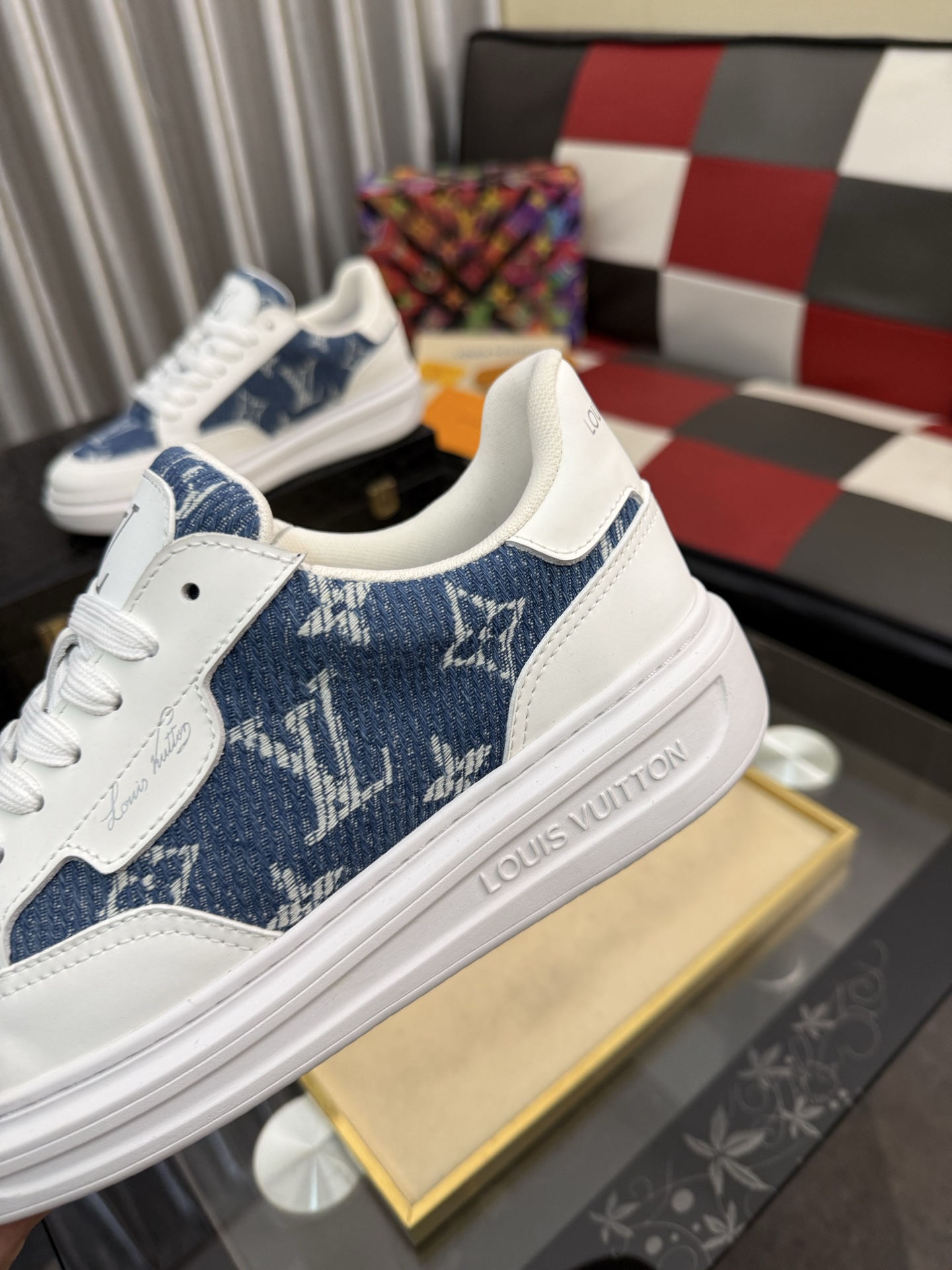 LV 高仿男鞋 藍色丹寧 Monogram 白色拼接厚底休閒鞋