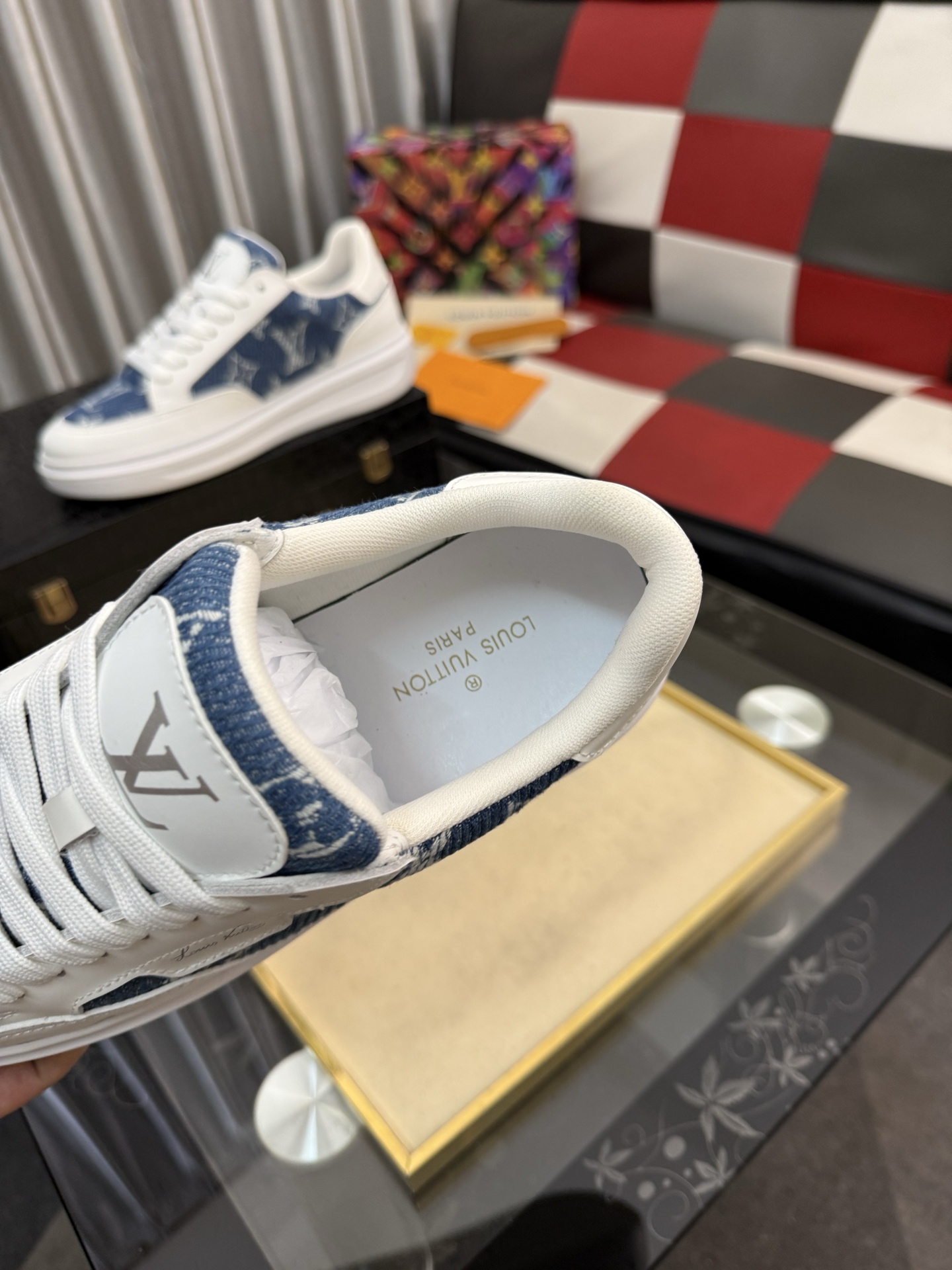 LV 高仿男鞋 藍色丹寧 Monogram 白色拼接厚底休閒鞋