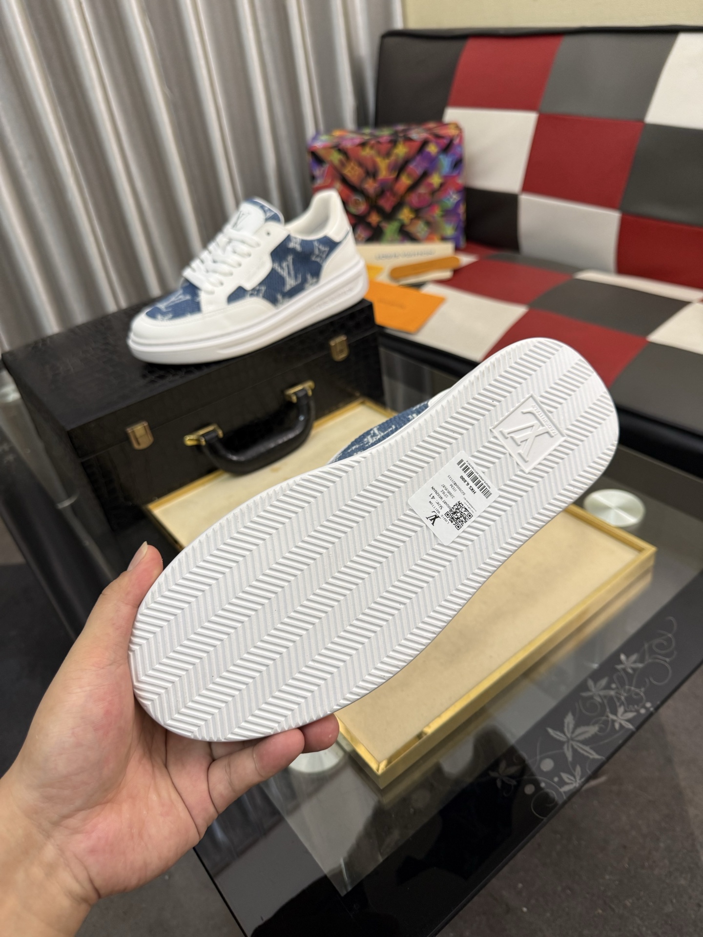 LV 高仿男鞋 藍色丹寧 Monogram 白色拼接厚底休閒鞋