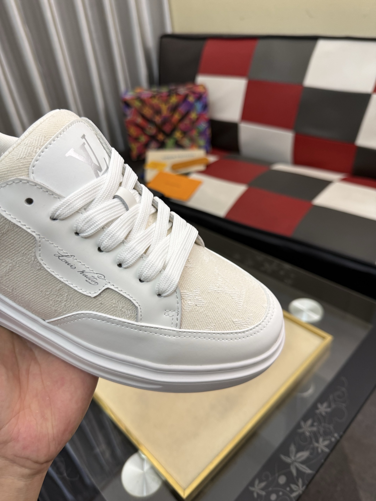 LV 高仿男鞋 米白 Monogram 白色拼接厚底休閒鞋