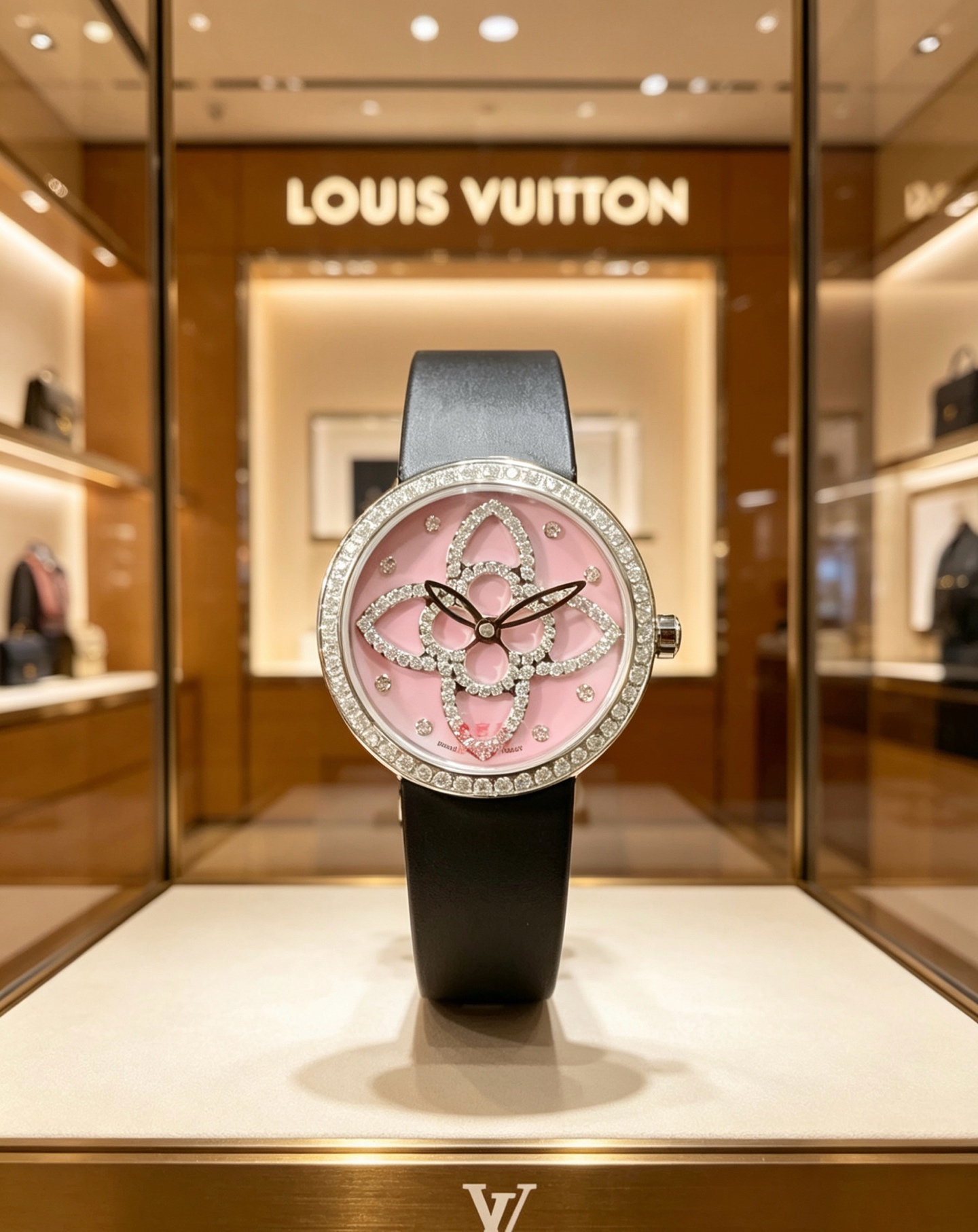 LV 高仿手錶 花形鑽面設計黑色皮帶女士腕錶 經典款| 9 LV 高仿手錶 花形鑽面設計黑色皮帶女士腕錶 經典款