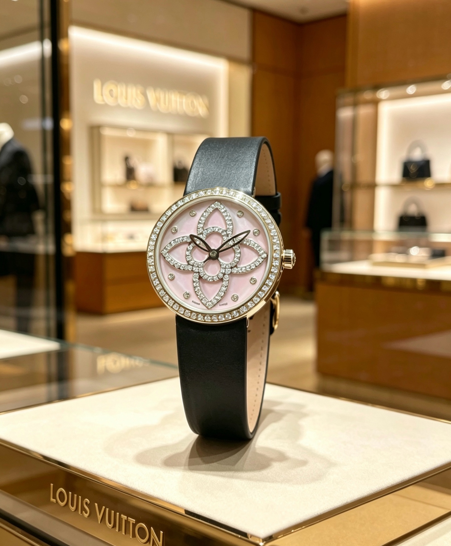 LV 高仿手錶 花形鑽面設計黑色皮帶女士腕錶 經典款| 8 LV 高仿手錶 花形鑽面設計黑色皮帶女士腕錶 經典款