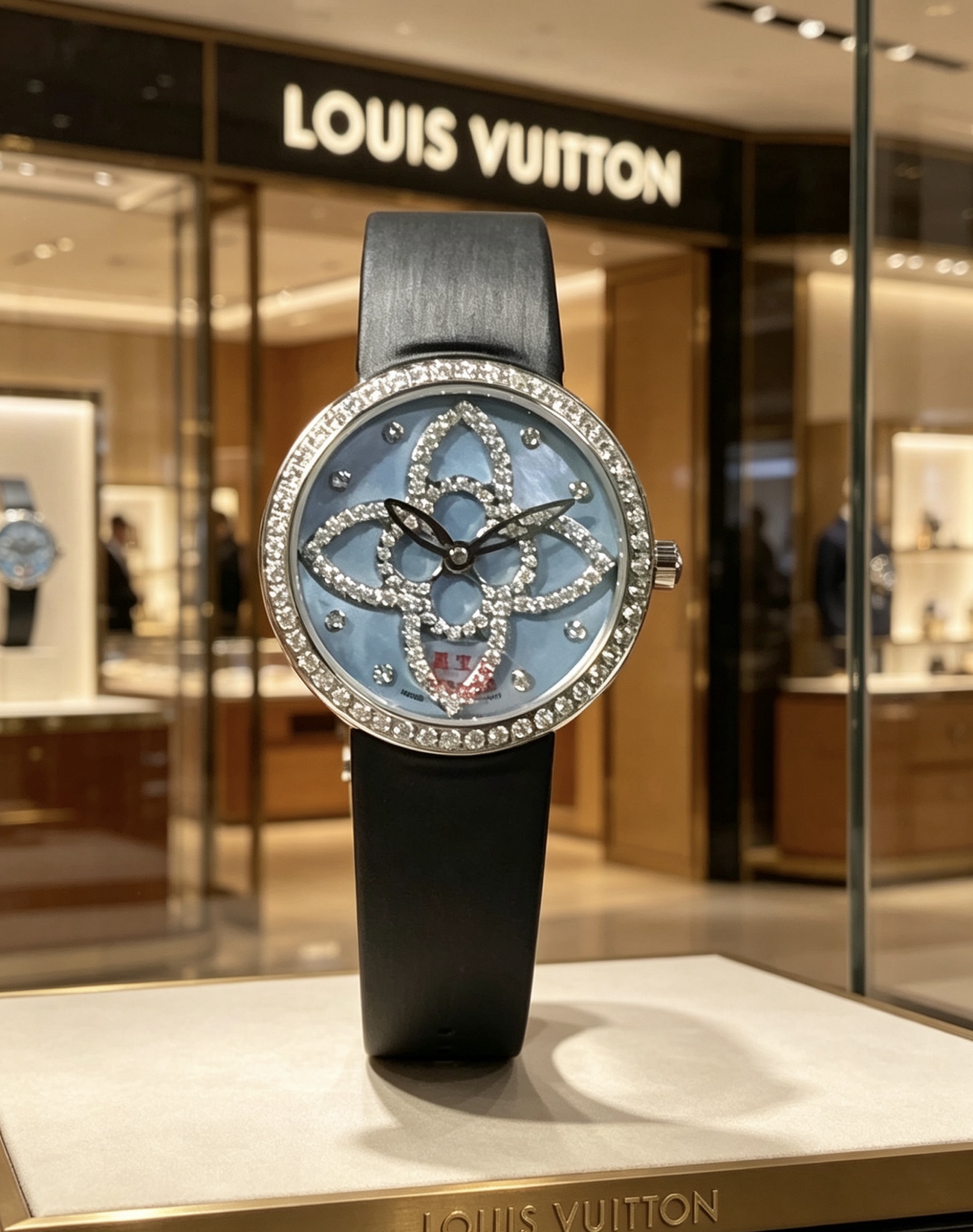 LV 高仿手錶 花形鑽面設計黑色皮帶女士腕錶 經典款| 7 LV 高仿手錶 花形鑽面設計黑色皮帶女士腕錶 經典款