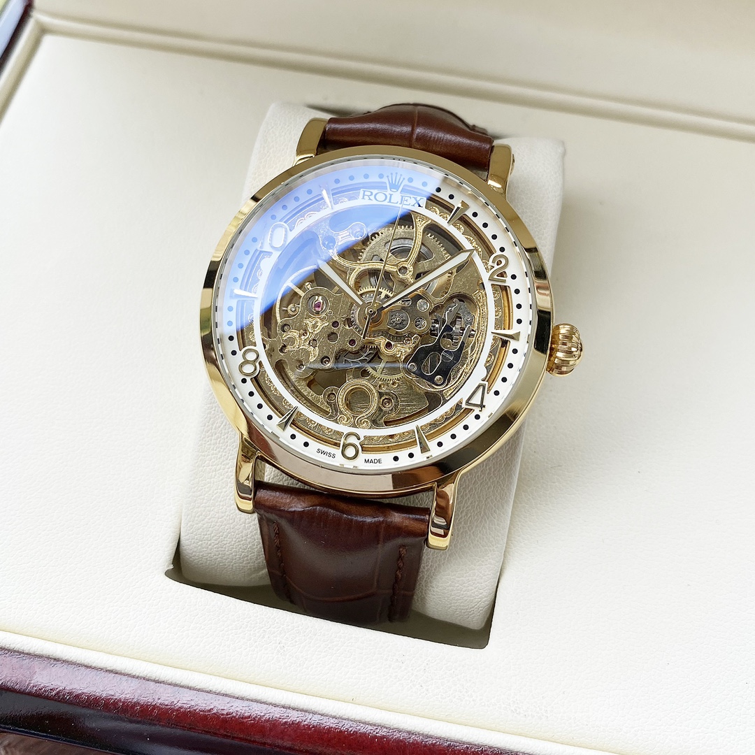 ROLEX高仿男士金色鏤空機械腕錶 棕色皮帶透視機芯商務手錶