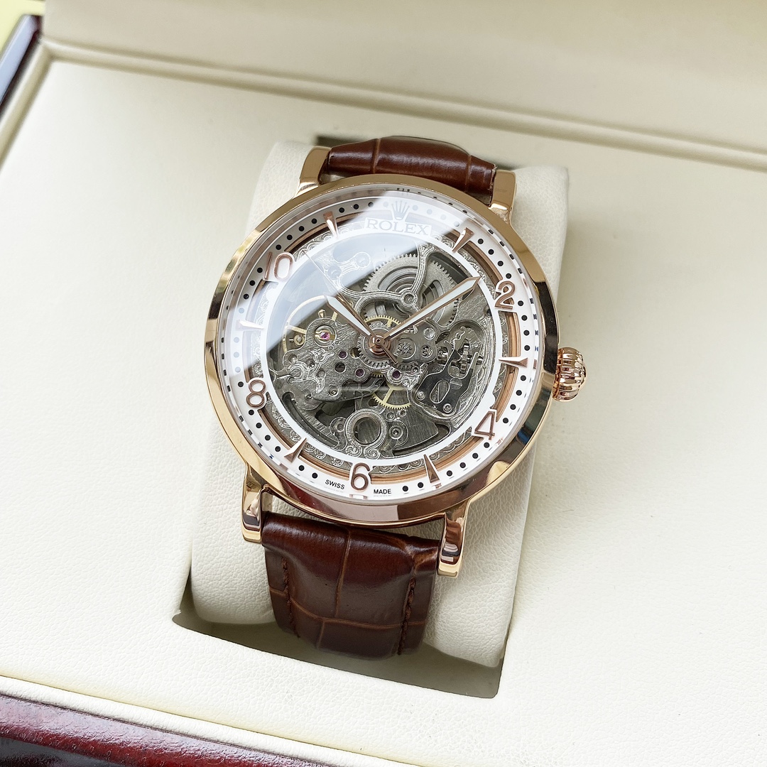 ROLEX高仿男士金色鏤空機械腕錶 棕色皮帶透視機芯商務手錶| 14 ROLEX高仿男士金色鏤空機械腕錶 棕色皮帶透視機芯商務手錶