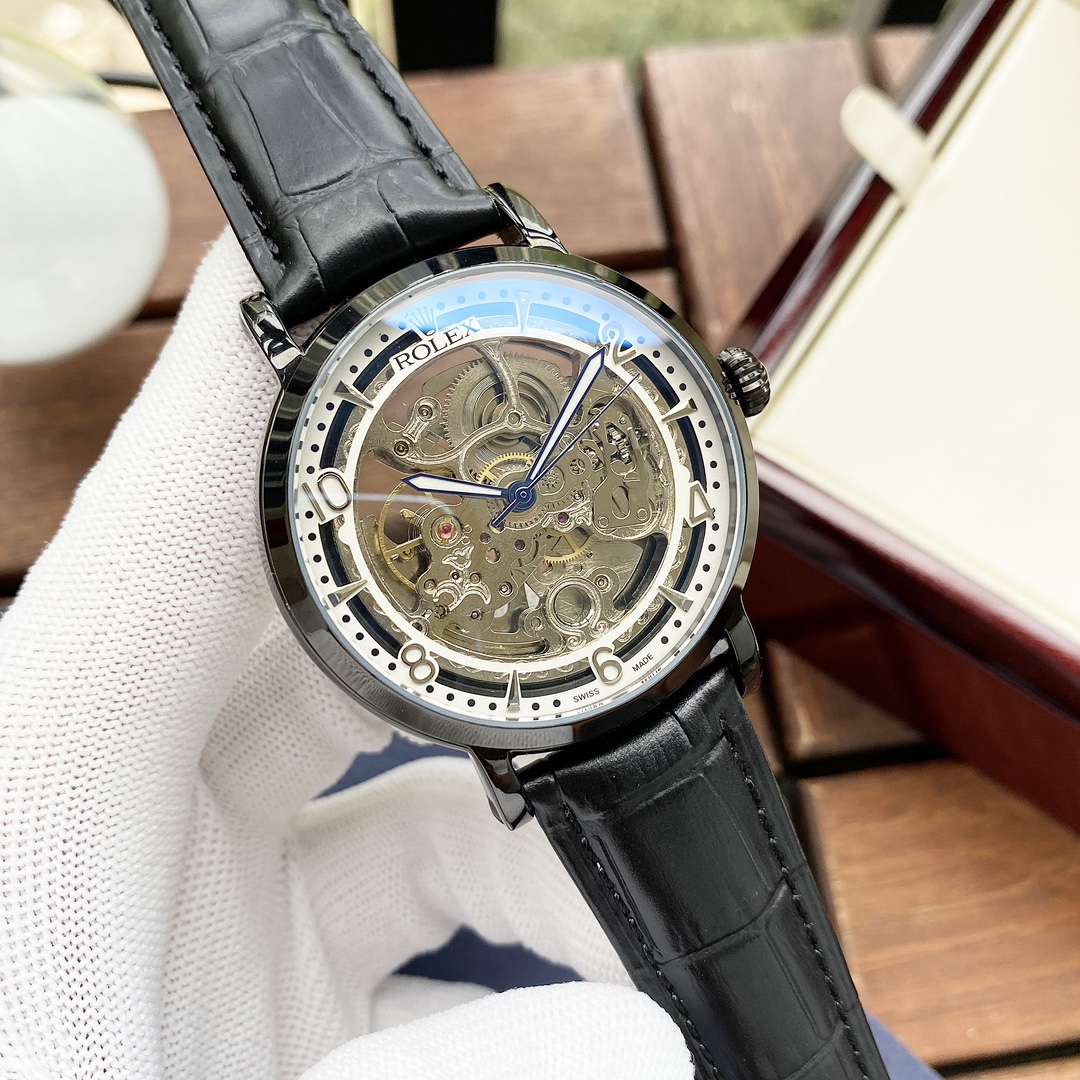 ROLEX高仿男士金色鏤空機械腕錶 棕色皮帶透視機芯商務手錶| 13 ROLEX高仿男士金色鏤空機械腕錶 棕色皮帶透視機芯商務手錶