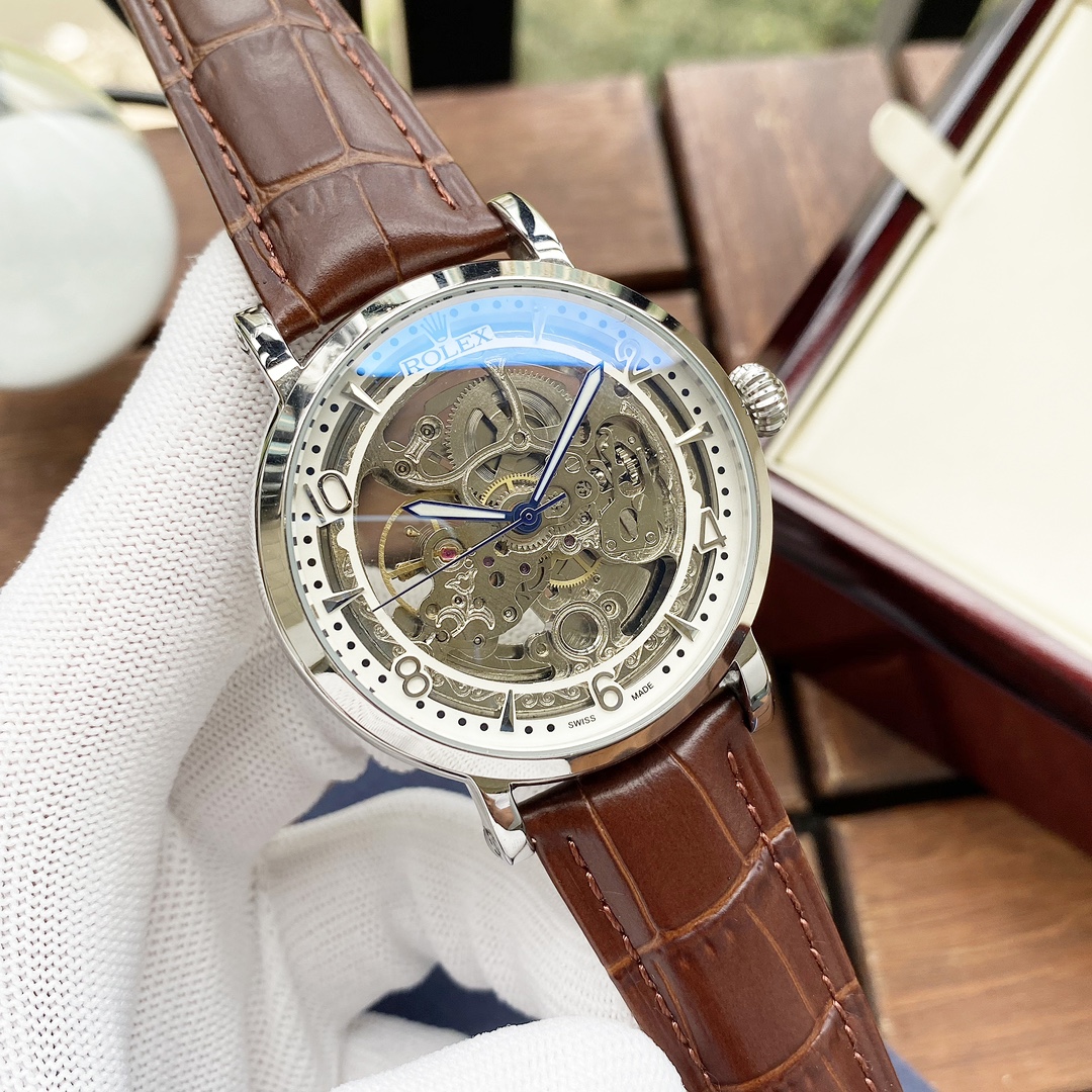 ROLEX高仿男士金色鏤空機械腕錶 棕色皮帶透視機芯商務手錶| 12 ROLEX高仿男士金色鏤空機械腕錶 棕色皮帶透視機芯商務手錶