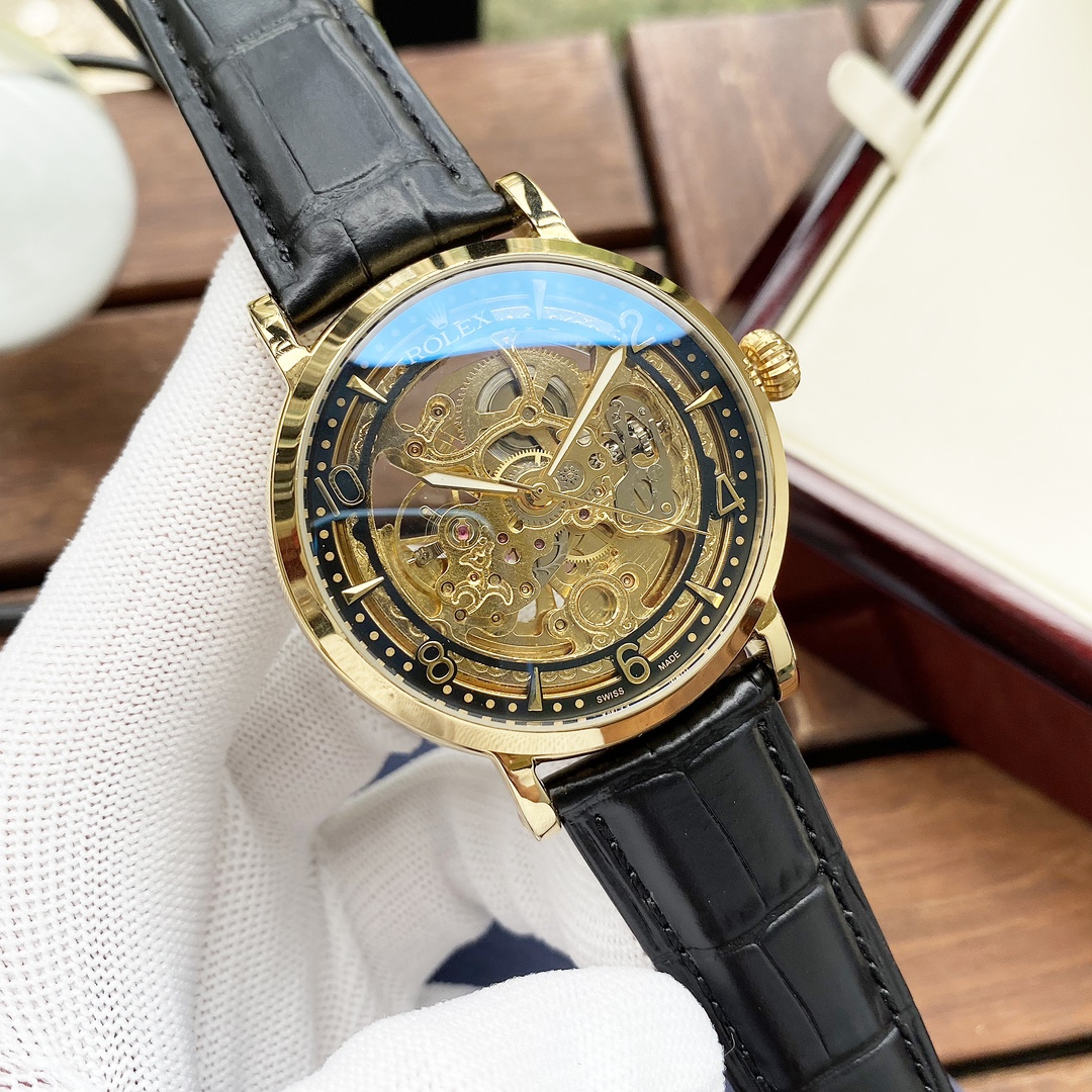 ROLEX高仿男士金色鏤空機械腕錶 棕色皮帶透視機芯商務手錶| 11 ROLEX高仿男士金色鏤空機械腕錶 棕色皮帶透視機芯商務手錶