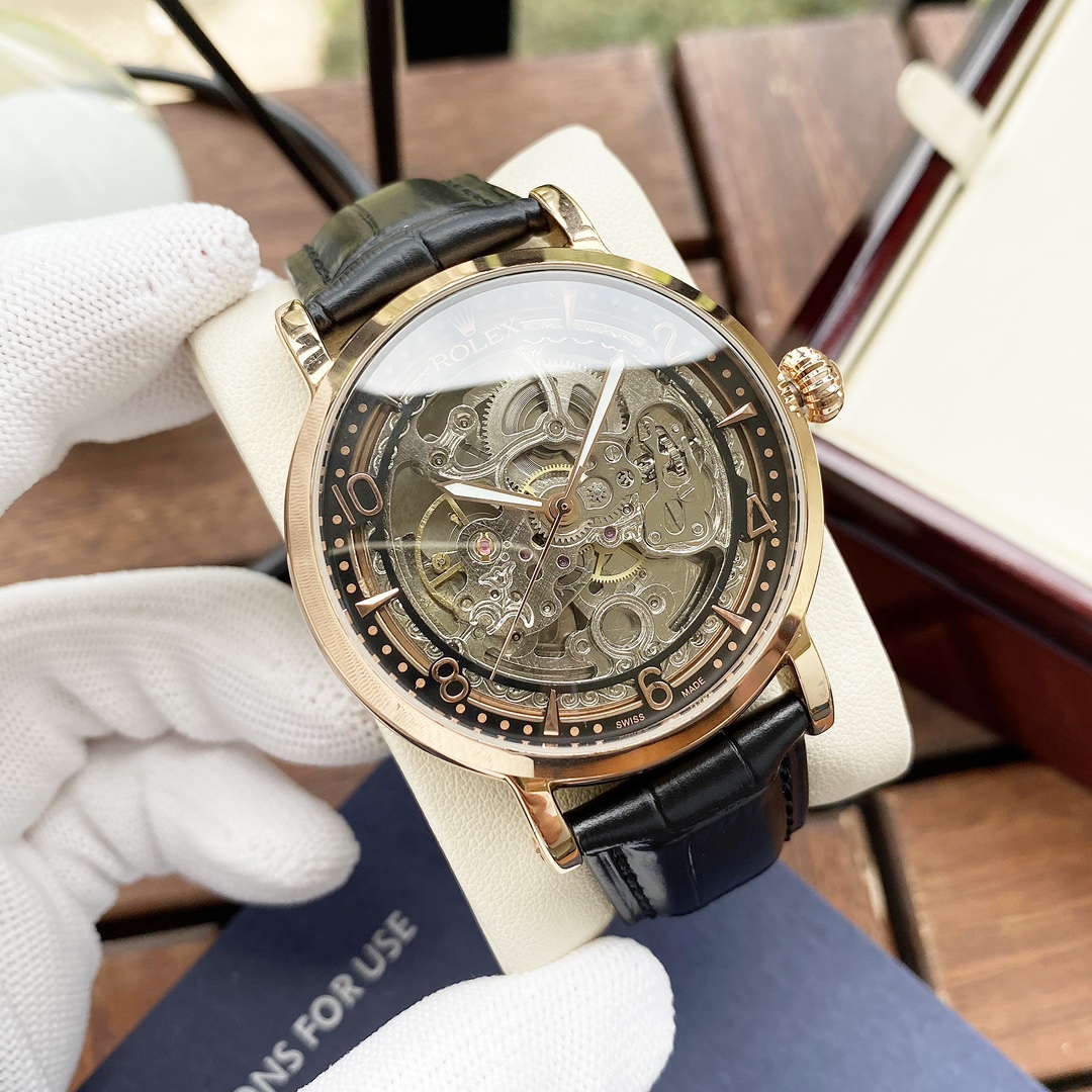 ROLEX高仿男士金色鏤空機械腕錶 棕色皮帶透視機芯商務手錶| 10 ROLEX高仿男士金色鏤空機械腕錶 棕色皮帶透視機芯商務手錶