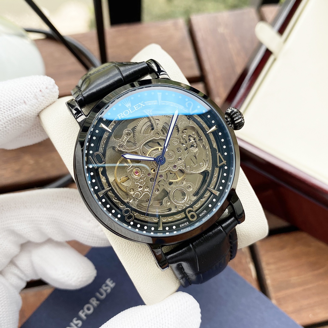 ROLEX高仿男士金色鏤空機械腕錶 棕色皮帶透視機芯商務手錶| 9 ROLEX高仿男士金色鏤空機械腕錶 棕色皮帶透視機芯商務手錶