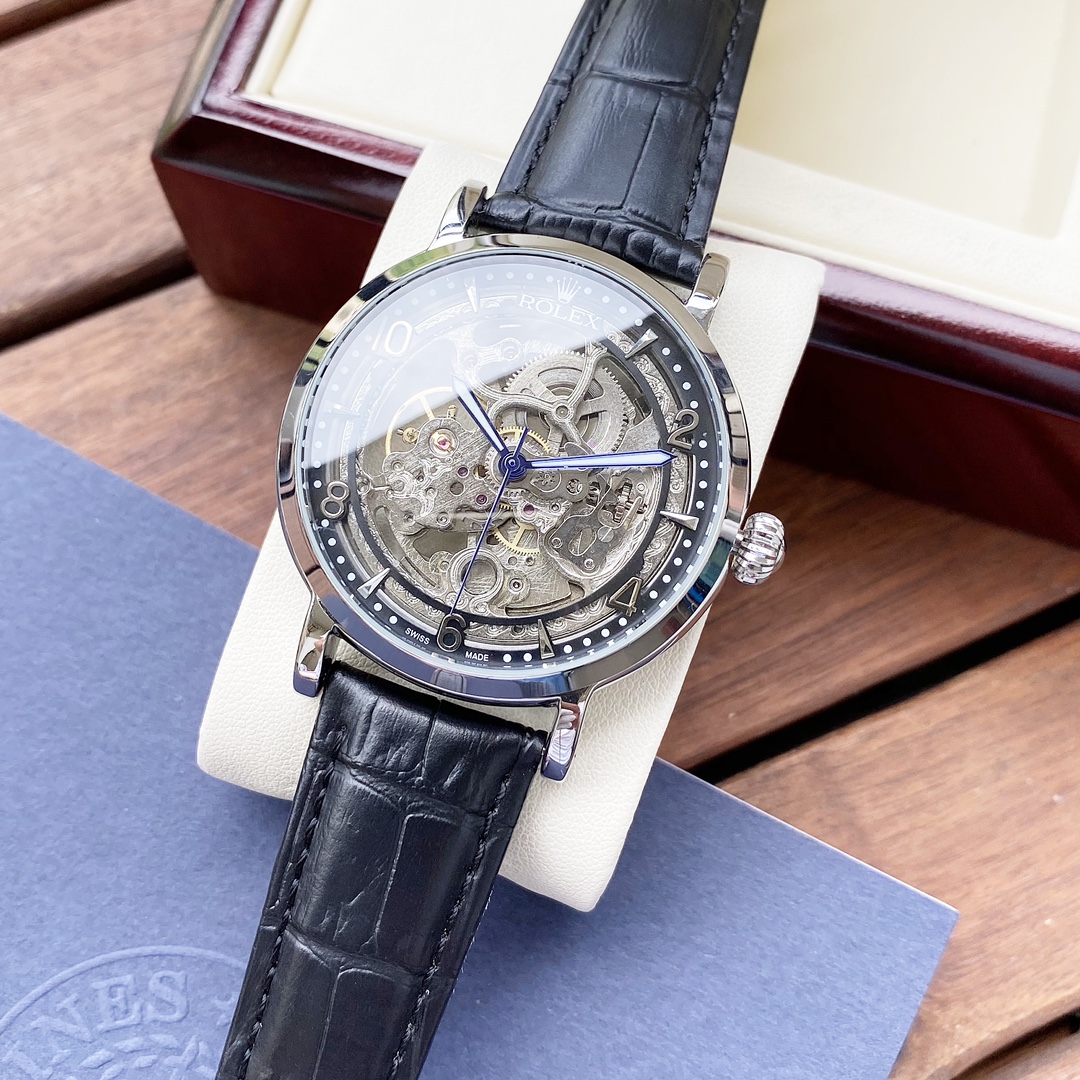 ROLEX高仿男士金色鏤空機械腕錶 棕色皮帶透視機芯商務手錶| 8 ROLEX高仿男士金色鏤空機械腕錶 棕色皮帶透視機芯商務手錶
