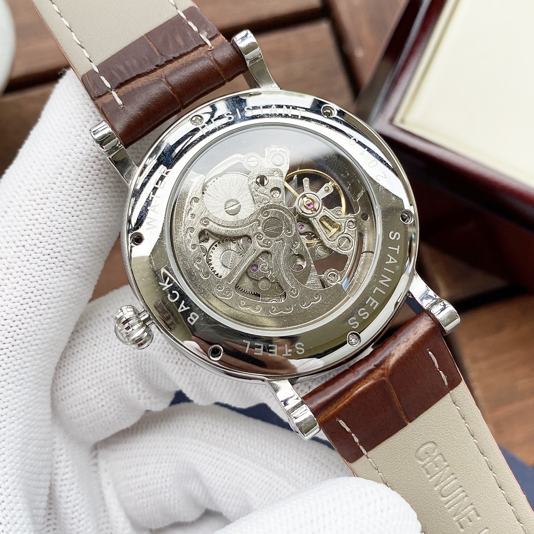 ROLEX高仿男士金色鏤空機械腕錶 棕色皮帶透視機芯商務手錶| 7 ROLEX高仿男士金色鏤空機械腕錶 棕色皮帶透視機芯商務手錶
