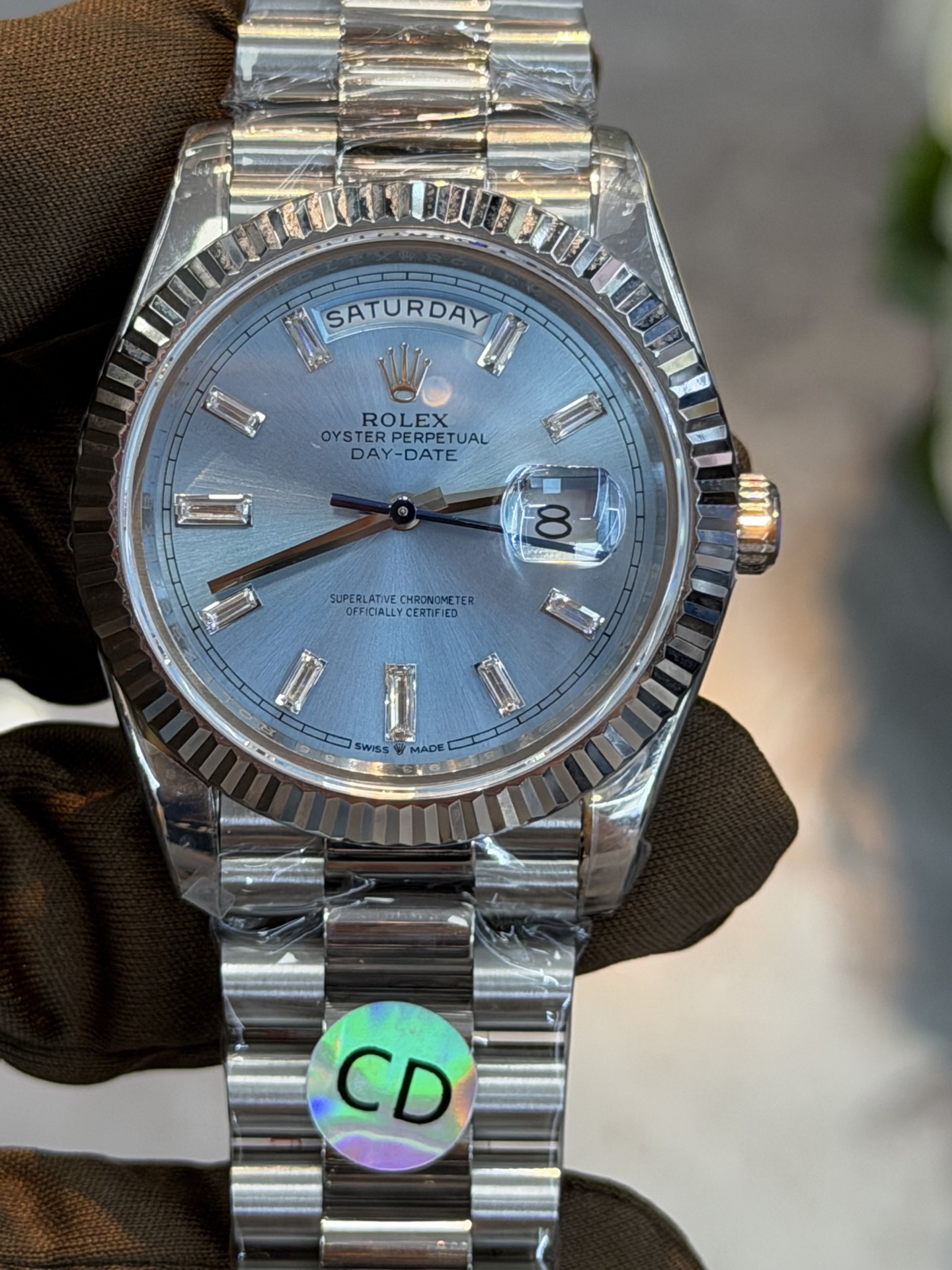 ROLEX復刻Day-Date男士冰藍面腕錶 鑽石時標星期日曆鋼帶機械手錶